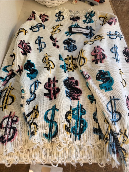 R13 Sweaters - R13 White Crewneck Sweater with Multicolor Dollar Sign Motif